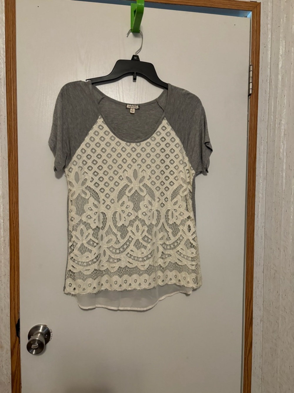 Eyeshadow Gray Short Sleeve Top with Ivory Crochet Lace Front